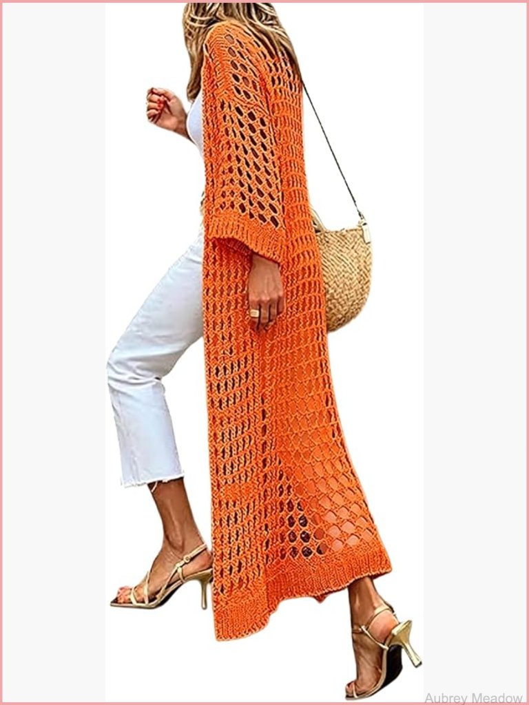 Crochet Lightweight Cardigan 3/4 Sleeve Open Front Kimono